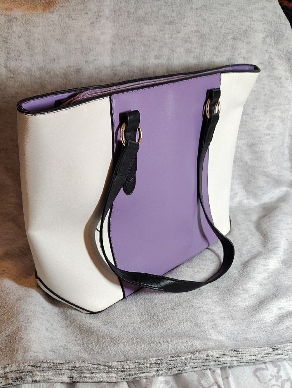 Two-Tone Purple and White Tote Bag with Black Handles - Picture 2 of 4